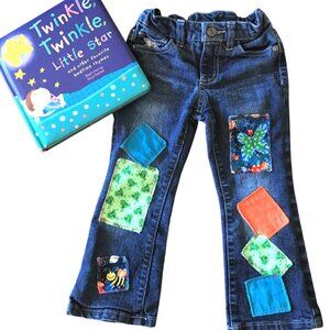 Upcycled Patchwork Jeans, Handmade Butterflies Bee Frog Patches Child's Size 3T